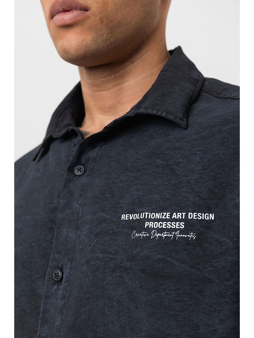 Yıkamalı Oversize Kısa Kol Baskılı Gömlek Siyah-5