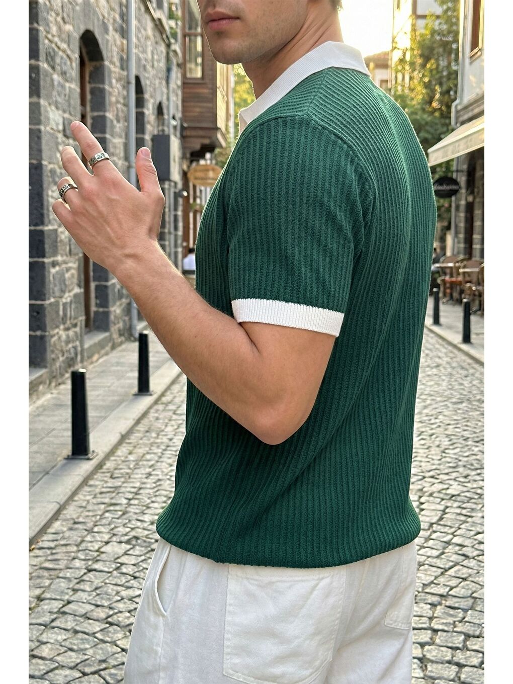 Haki Köyten Regular Fit Erkek Kısa Kol Triko Polo Yaka Tişört Çizgili Dokulu-2