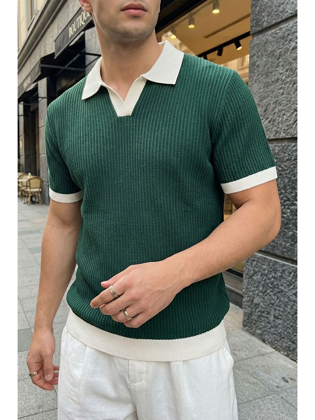 Haki Köyten Regular Fit Erkek Kısa Kol Triko Polo Yaka Tişört Çizgili Dokulu-3