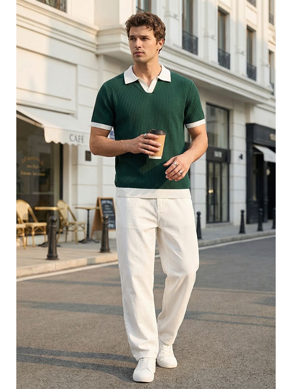 Haki Köyten Regular Fit Erkek Kısa Kol Triko Polo Yaka Tişört Çizgili Dokulu-5