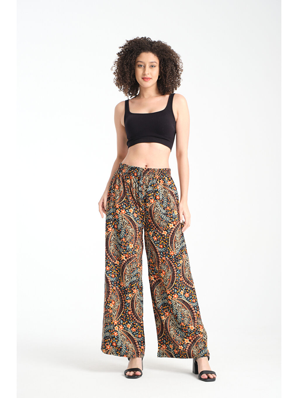 Siyah Kadın Desenli Dökümlü Viskon Pantolon 1071-4