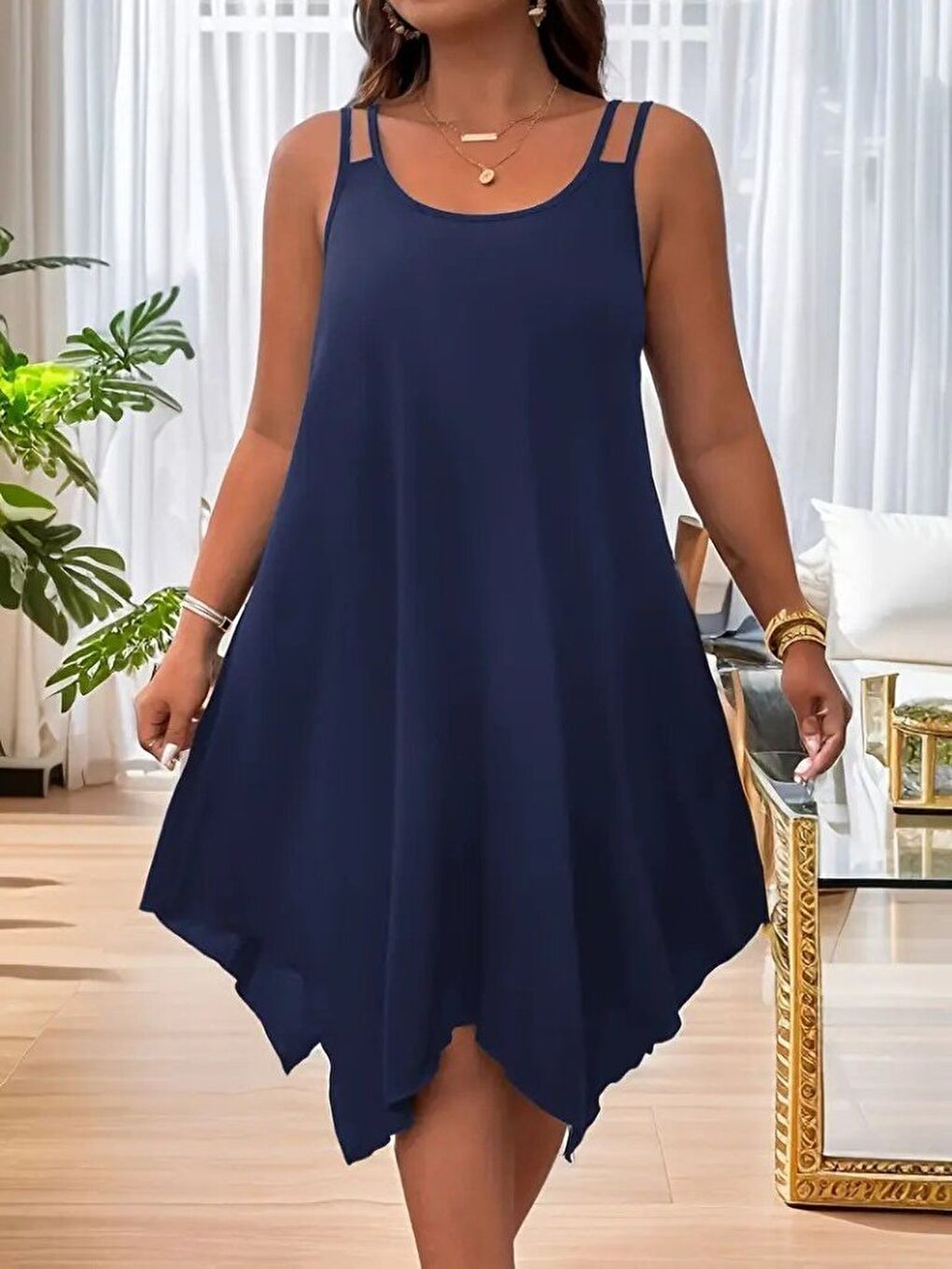 Mavi Kadın Askılı Yuvarlak Asimetrik Kesim Detaylı Viskon Elbise-2