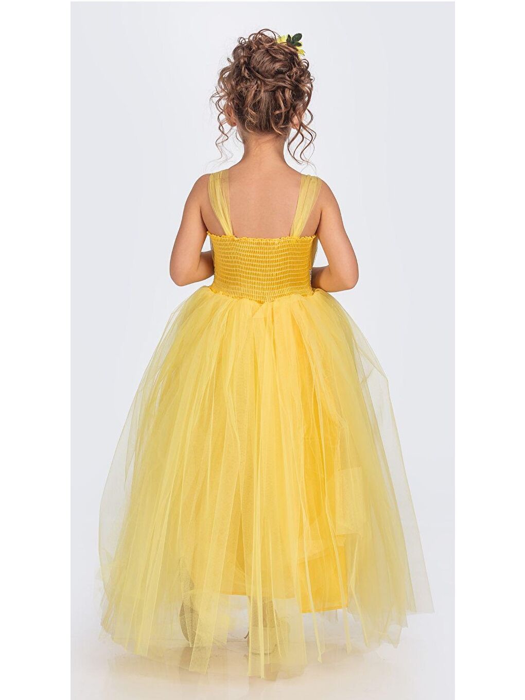 Sarı Sırt Gipeli Tütü Etek Kız Çocuk Saten Parti Abiye Elbise MNK0340-2