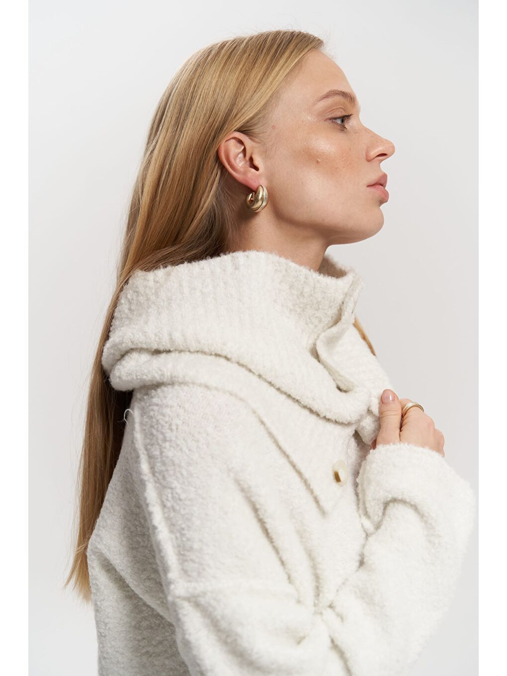 Peoria Boyunluk Detay V Yaka Ekru Triko Kazak-4