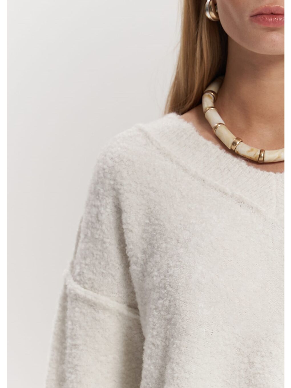 Peoria Boyunluk Detay V Yaka Ekru Triko Kazak-5