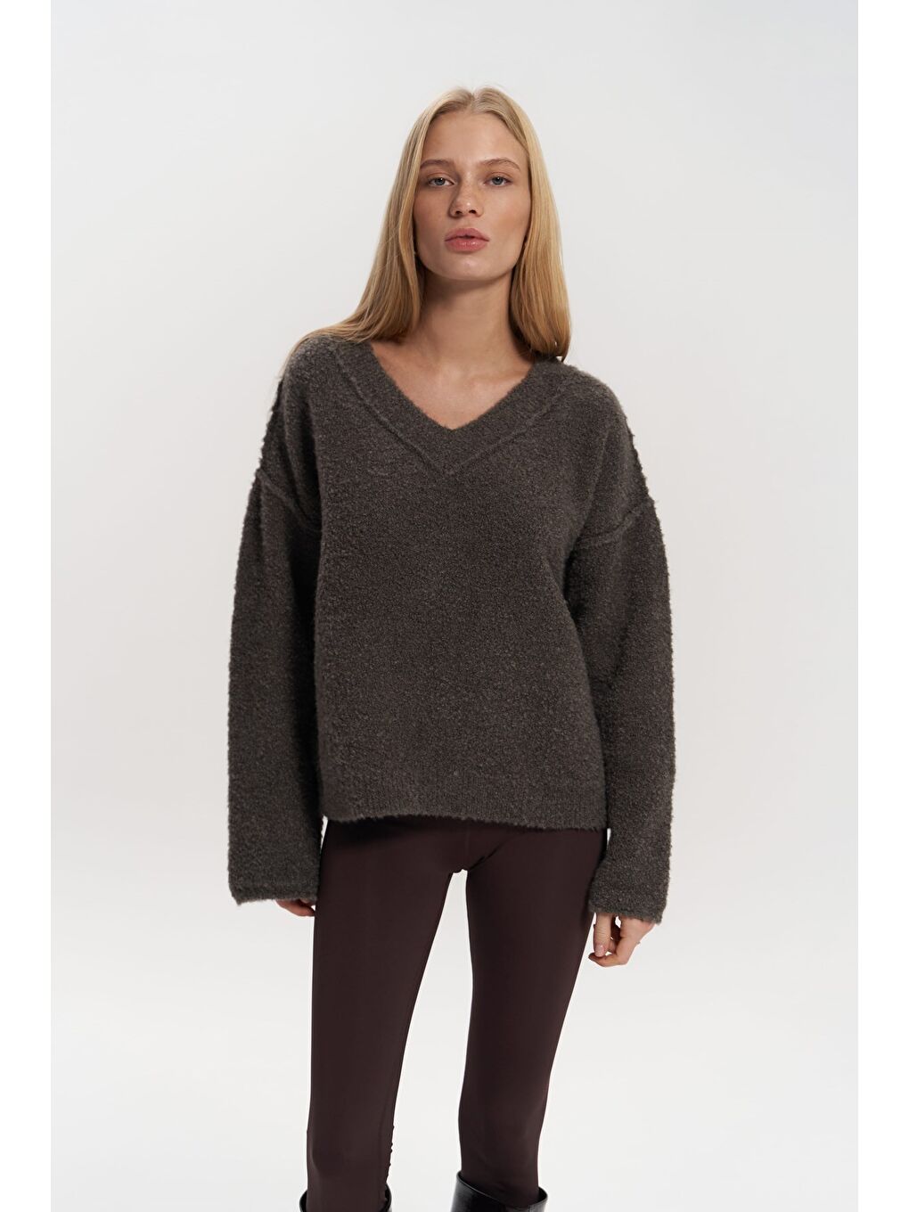 Kahverengi Peoria Boyunluk Detay V Yaka Kahve Triko Kazak-1