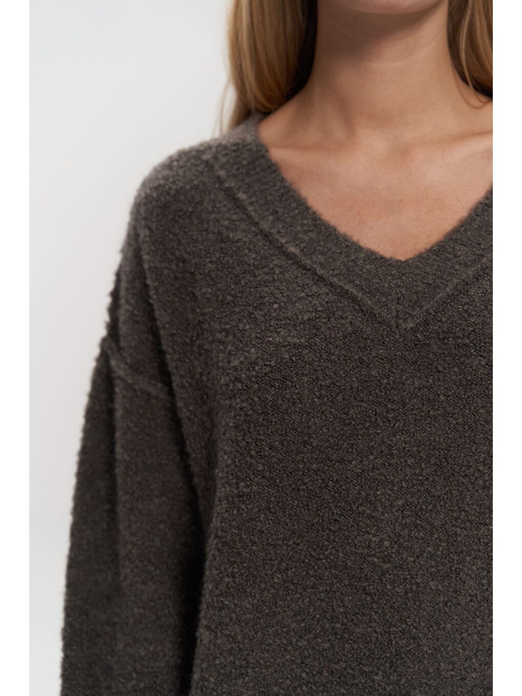 Kahverengi Peoria Boyunluk Detay V Yaka Kahve Triko Kazak-3