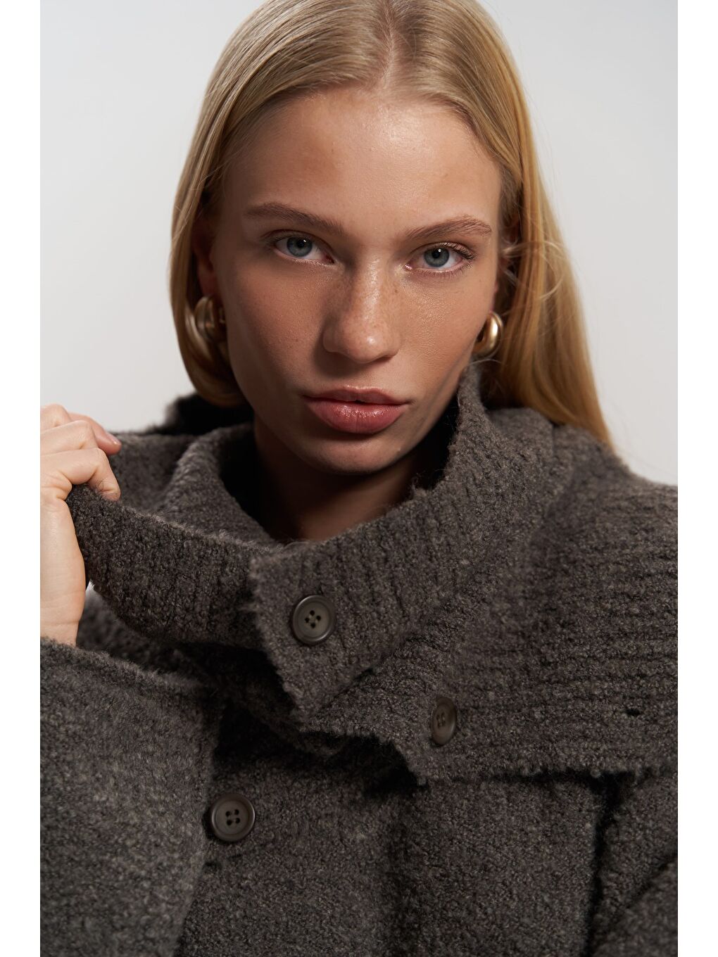 Kahverengi Peoria Boyunluk Detay V Yaka Kahve Triko Kazak-5