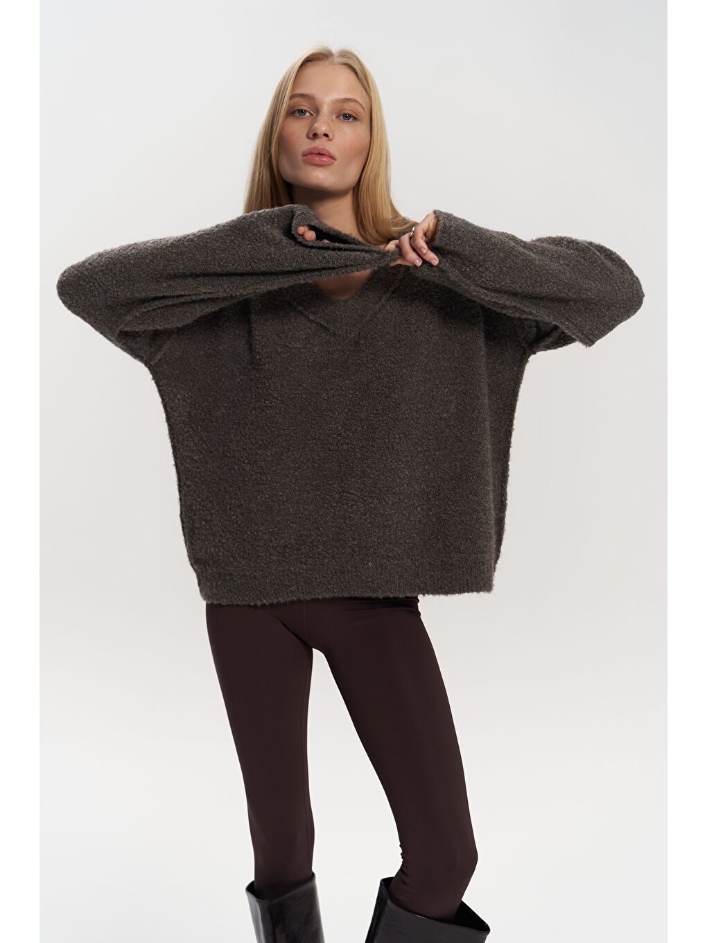 Kahverengi Peoria Boyunluk Detay V Yaka Kahve Triko Kazak-6