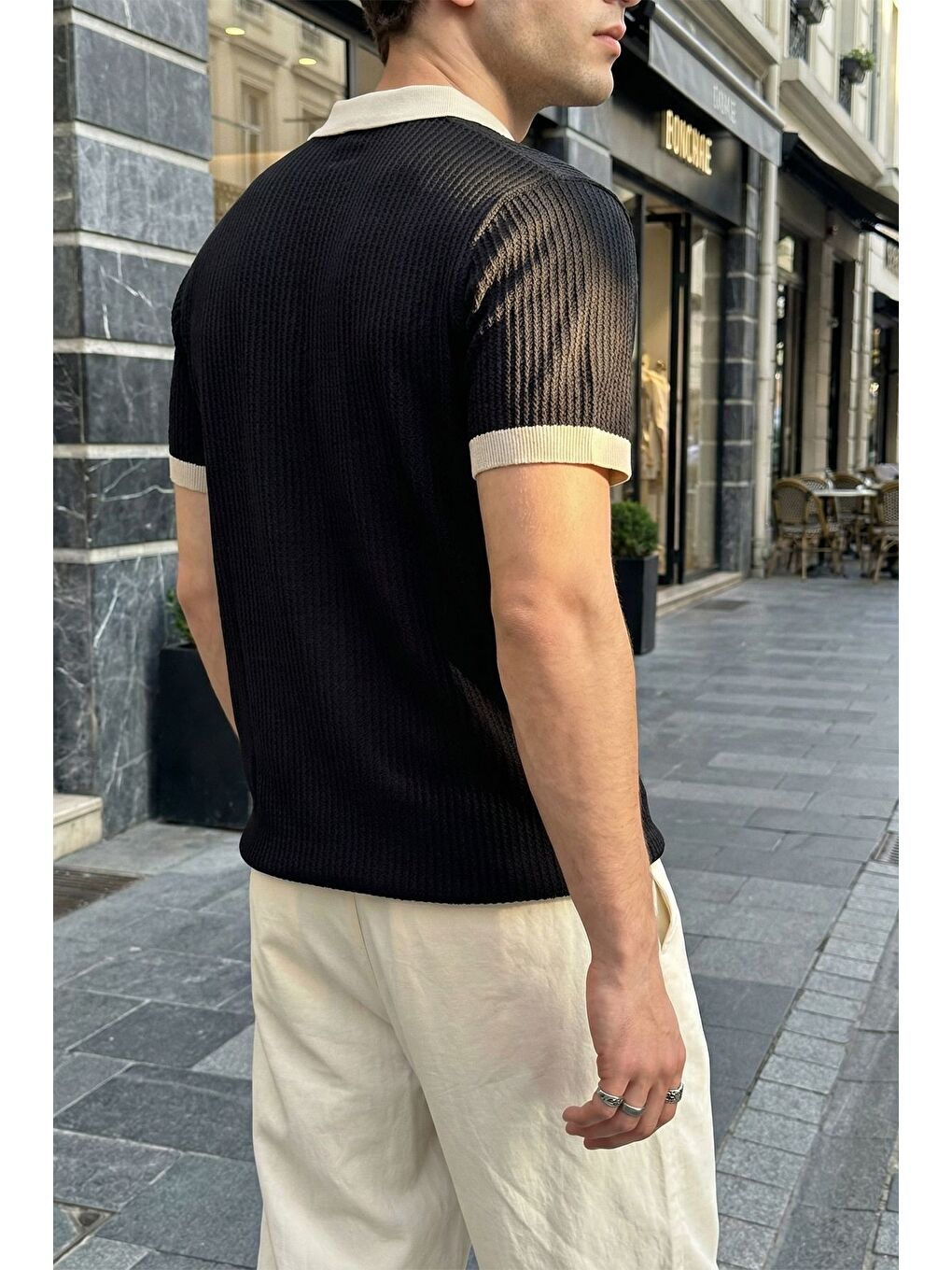 Siyah Köyten Regular Fit Erkek Kısa Kol Triko Polo Yaka Tişört Çizgili Dokulu-1
