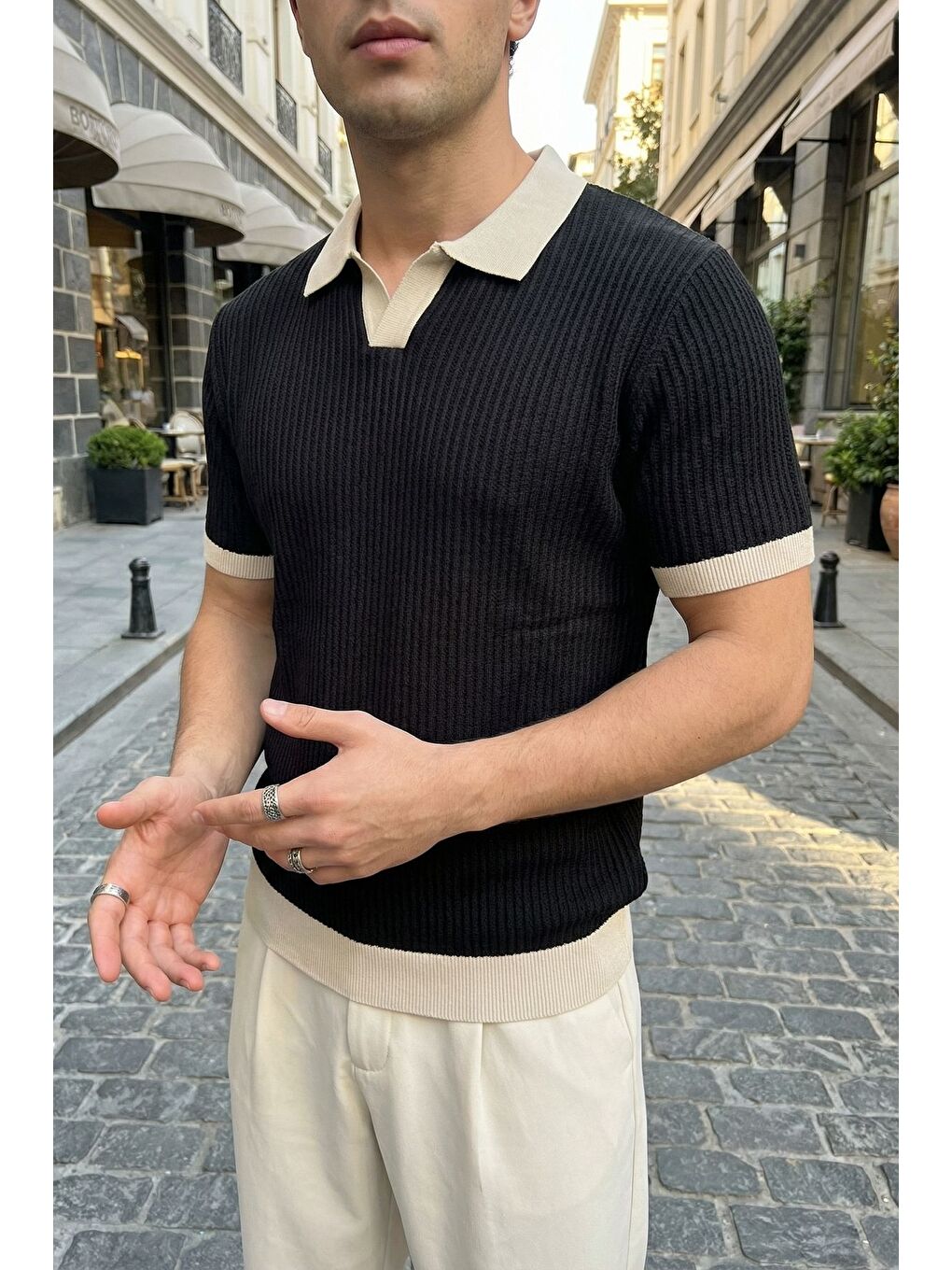 Siyah Köyten Regular Fit Erkek Kısa Kol Triko Polo Yaka Tişört Çizgili Dokulu-2
