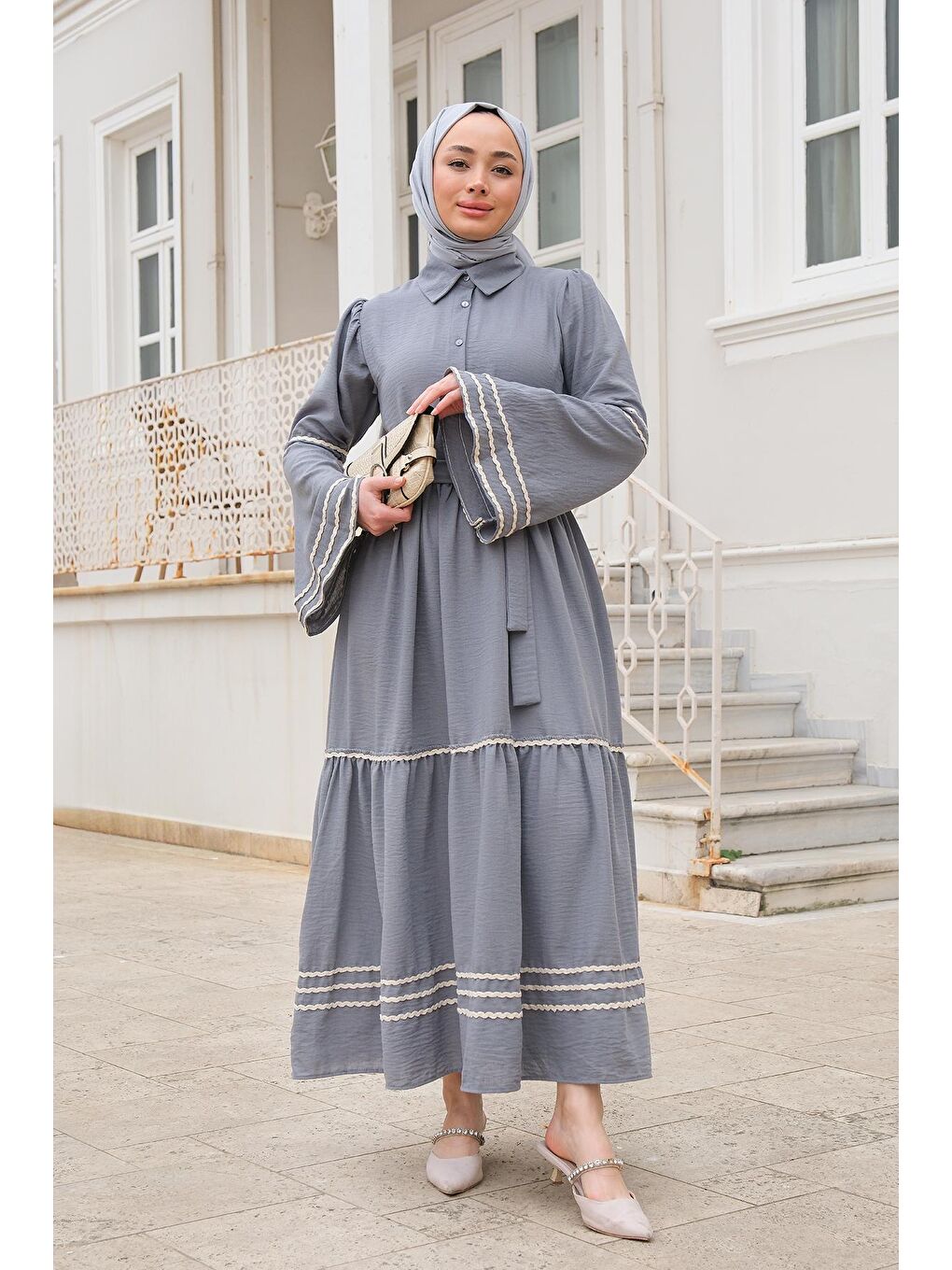 Şerit Detaylı Elbise Gri-1