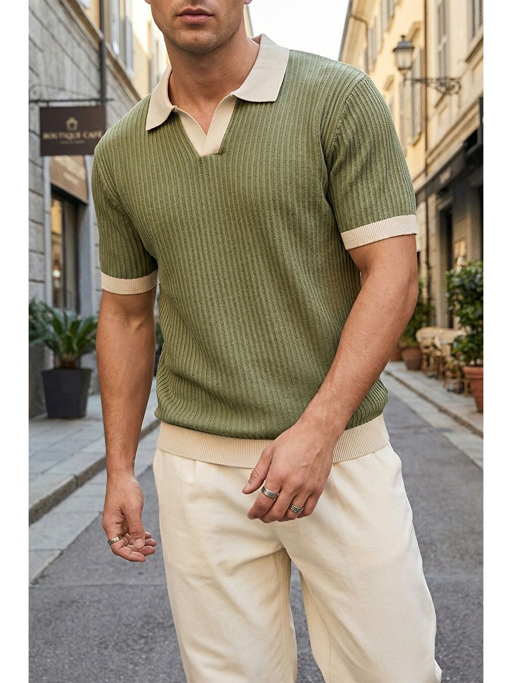 Yeşil Köyten Regular Fit Erkek Kısa Kol Triko Polo Yaka Tişört Çizgili Dokulu