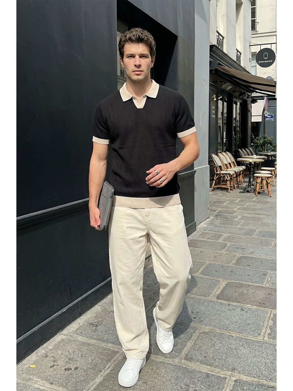 Siyah Köyten Regular Fit Erkek Kısa Kol Triko Polo Yaka Tişört Çizgili Dokulu-3