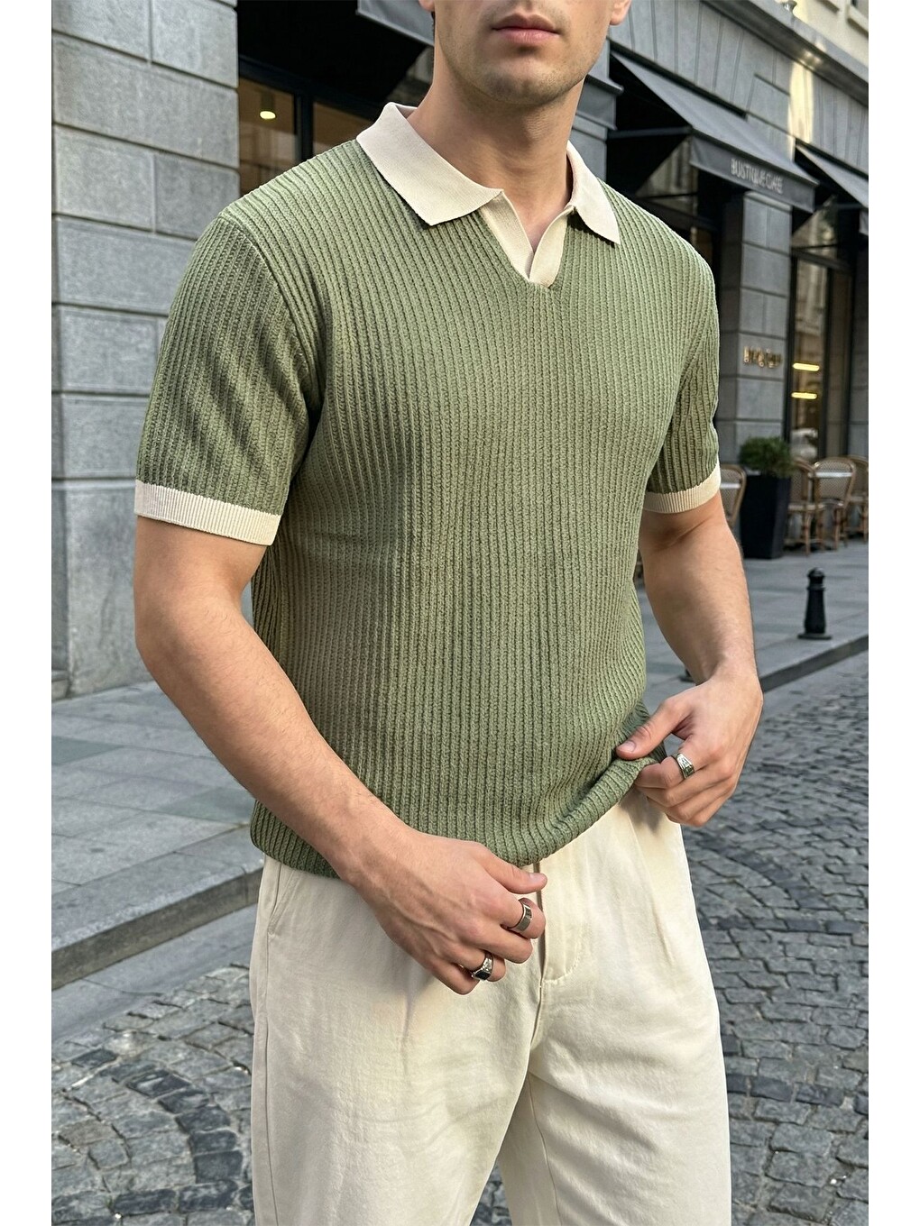Yeşil Köyten Regular Fit Erkek Kısa Kol Triko Polo Yaka Tişört Çizgili Dokulu-1