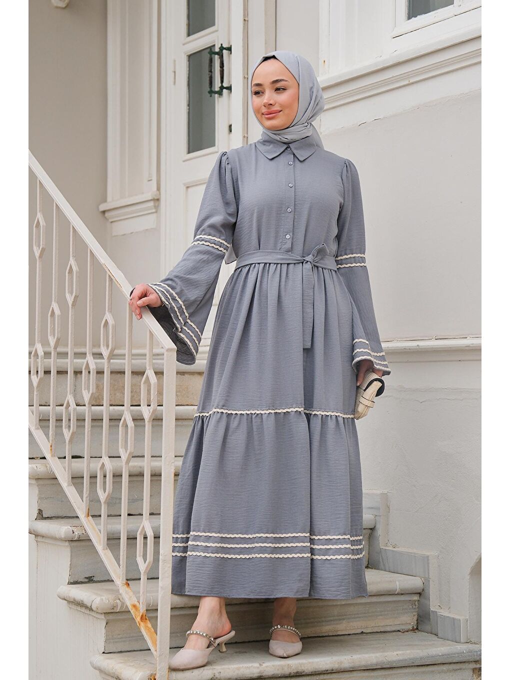 Şerit Detaylı Elbise Gri-2