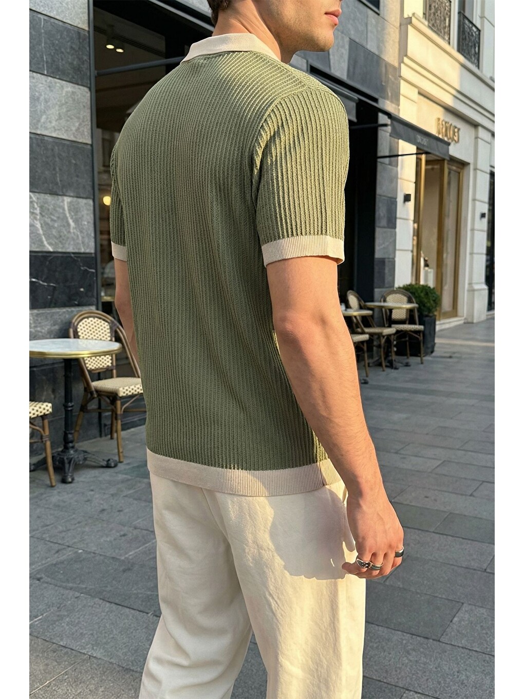 Yeşil Köyten Regular Fit Erkek Kısa Kol Triko Polo Yaka Tişört Çizgili Dokulu-2