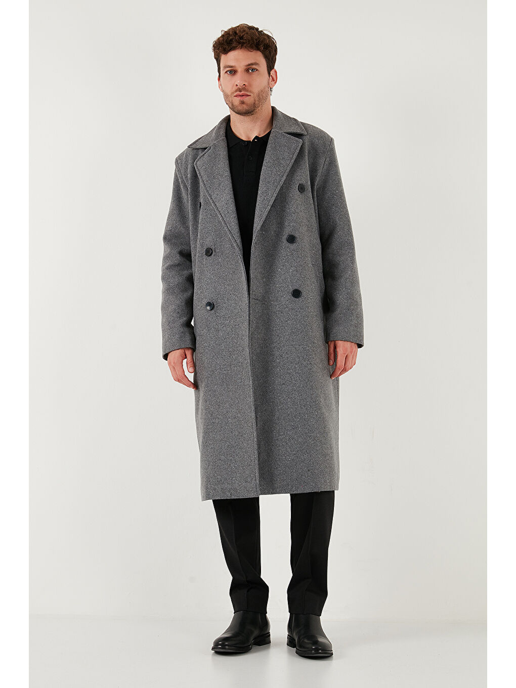 Gri Loose Fit Kruvaze Yaka Uzun Astarlı Kaşe Kaban 681003-1