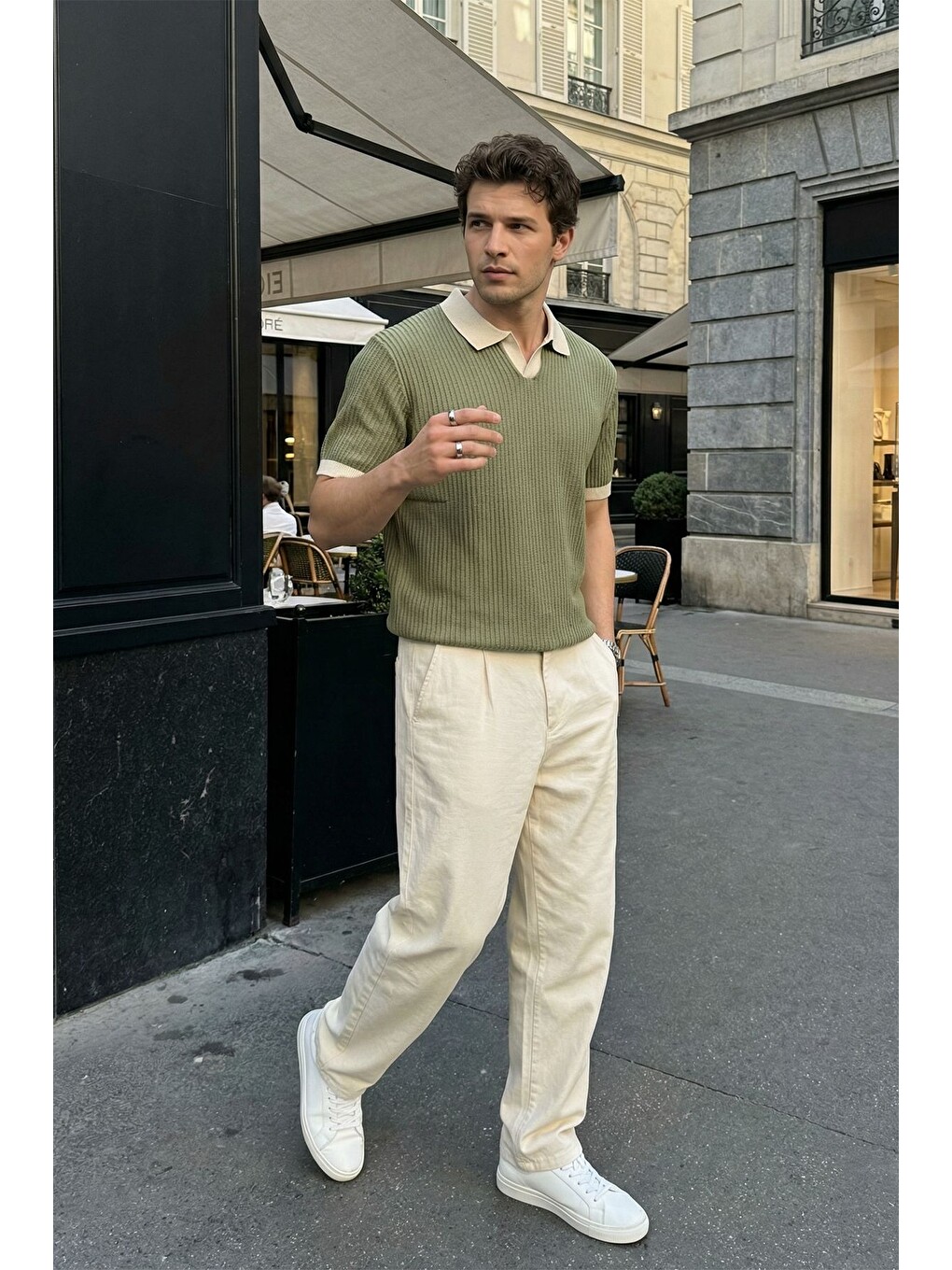 Yeşil Köyten Regular Fit Erkek Kısa Kol Triko Polo Yaka Tişört Çizgili Dokulu-3