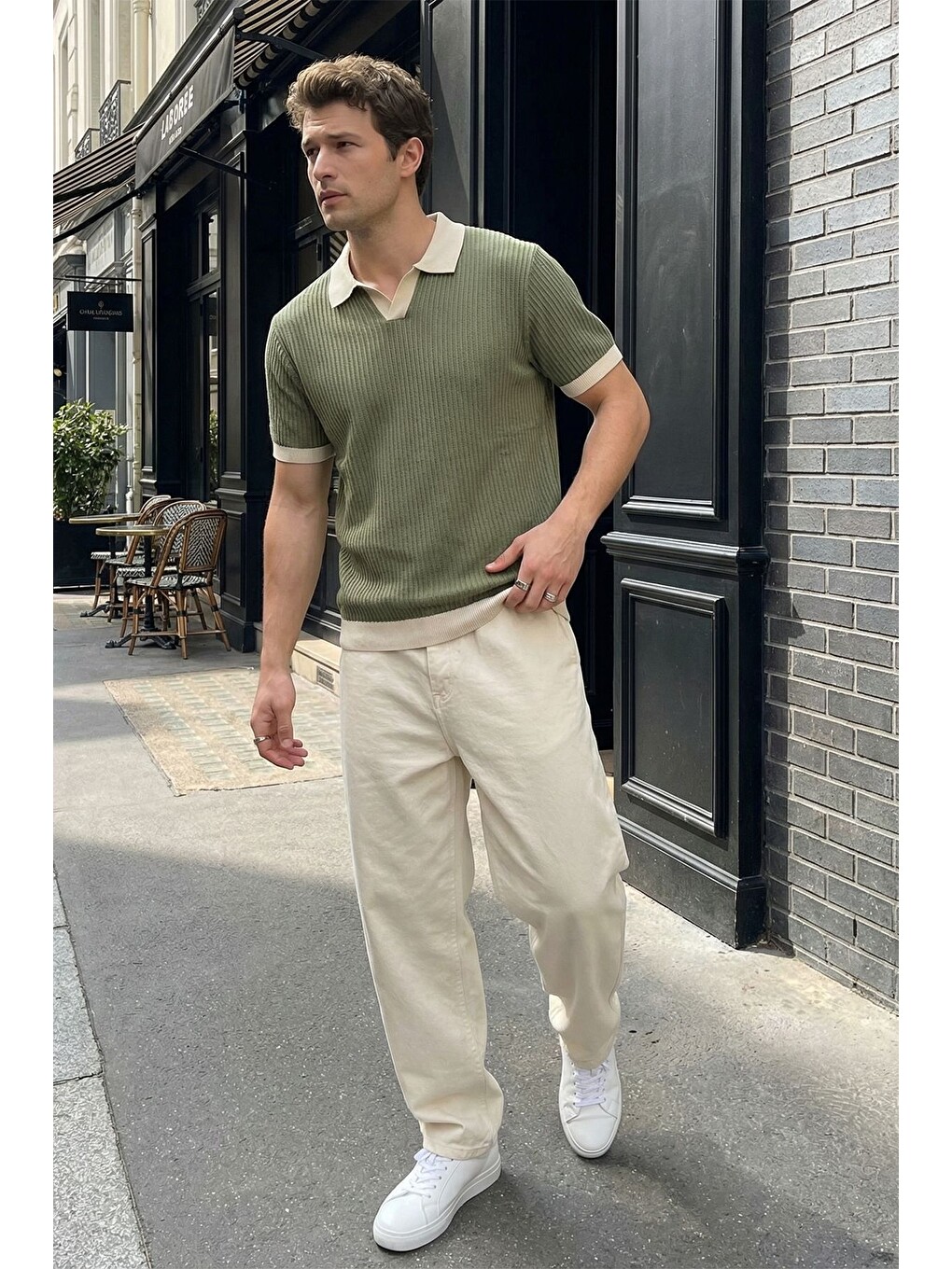 Yeşil Köyten Regular Fit Erkek Kısa Kol Triko Polo Yaka Tişört Çizgili Dokulu-4
