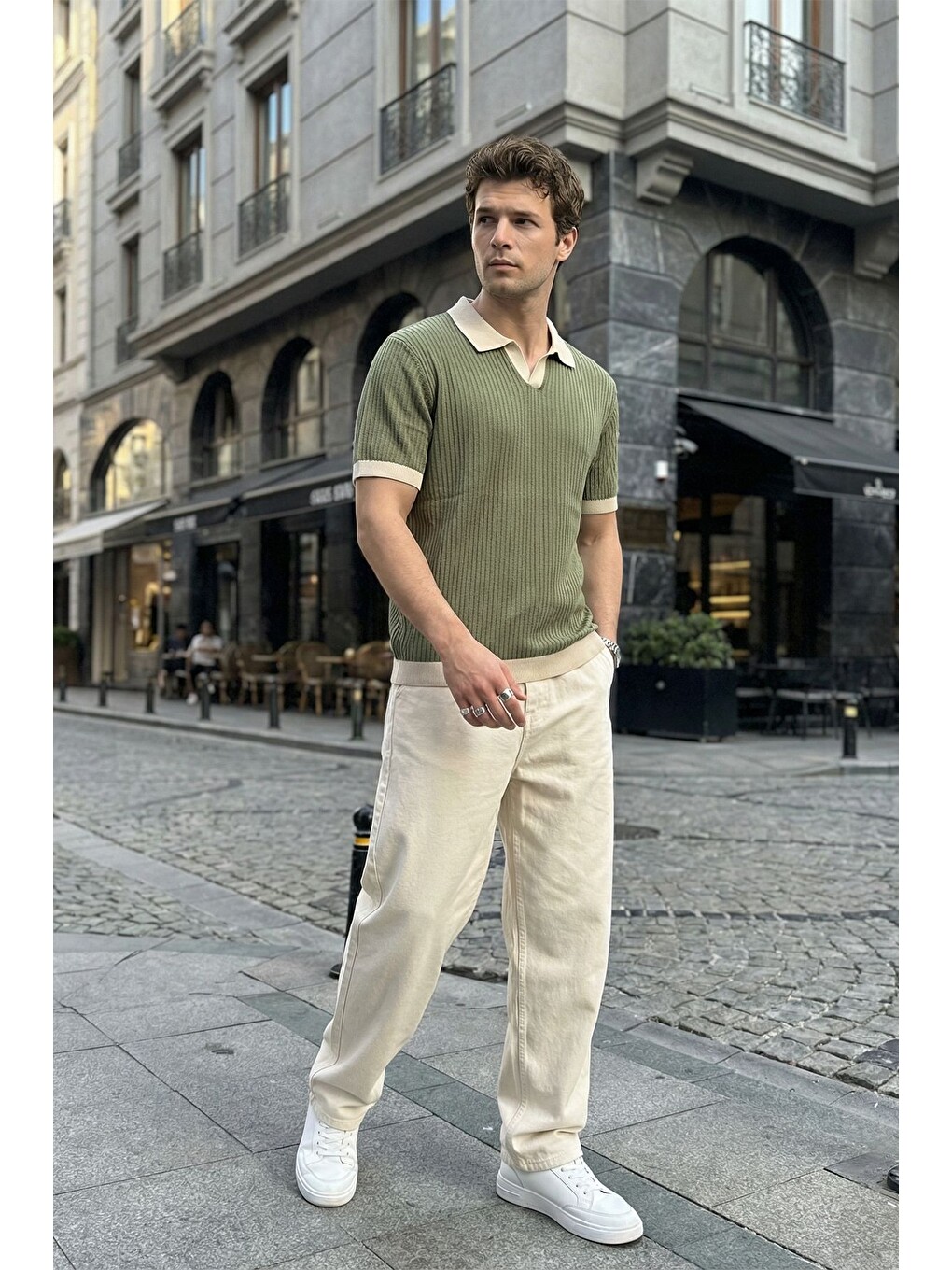 Yeşil Köyten Regular Fit Erkek Kısa Kol Triko Polo Yaka Tişört Çizgili Dokulu-5