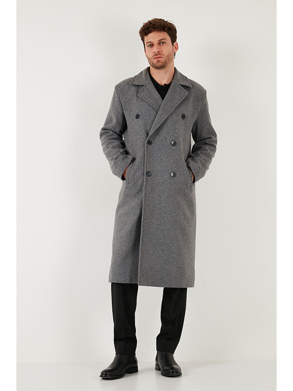 Gri Loose Fit Kruvaze Yaka Uzun Astarlı Kaşe Kaban 681003-2