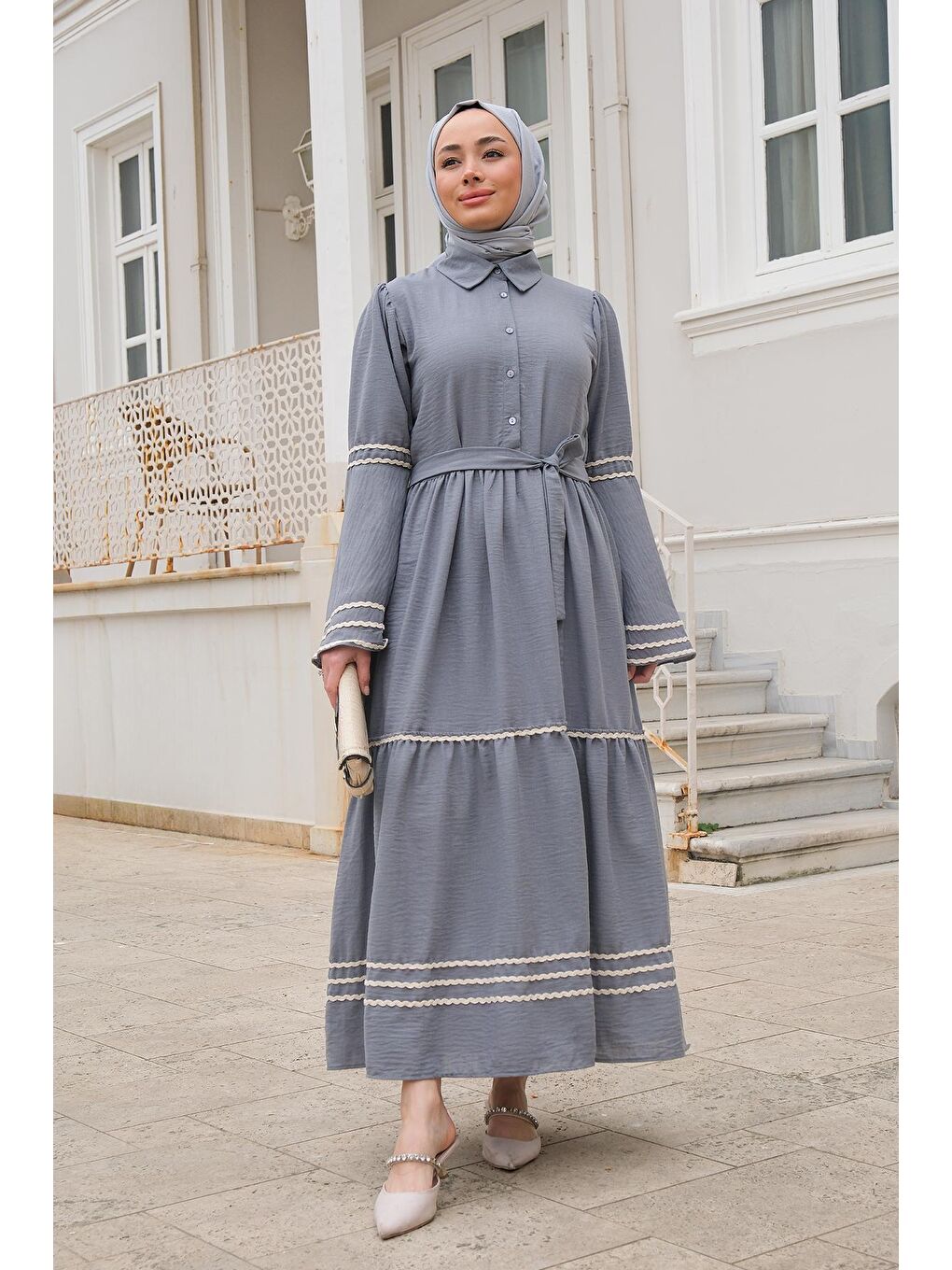 Şerit Detaylı Elbise Gri-4