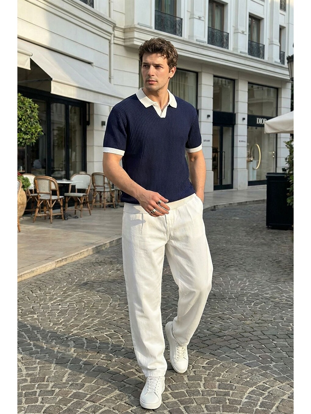 Lacivert Köyten Regular Fit Erkek Kısa Kol Triko Polo Yaka Tişört Çizgili Dokulu-1