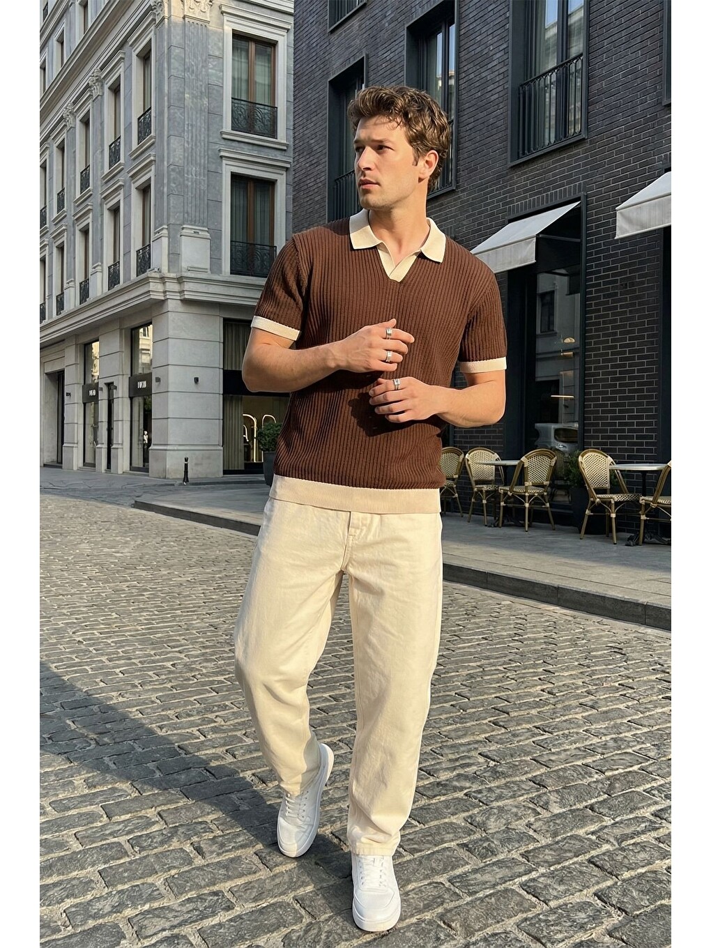 Kahverengi Köyten Regular Fit Erkek Kısa Kol Triko Polo Yaka Tişört Çizgili Dokulu-2