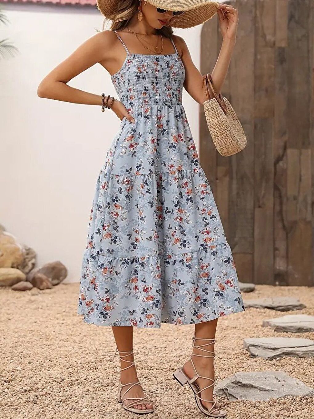 Mavi Kadın Ip Askılı Geniş V Yakalı Desenli Uzun Süprem Elbise-1