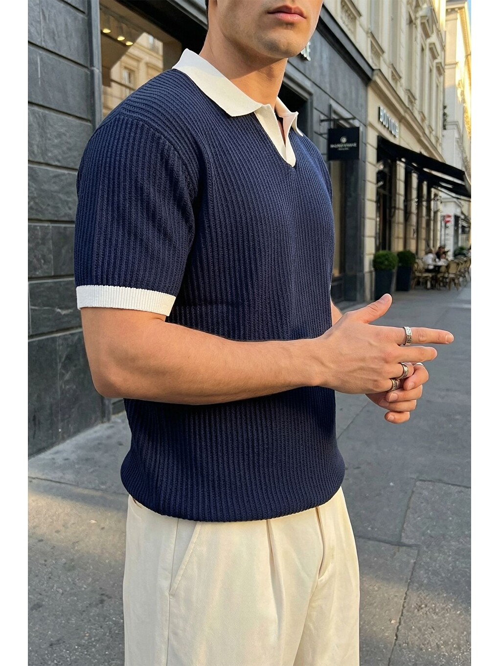Lacivert Köyten Regular Fit Erkek Kısa Kol Triko Polo Yaka Tişört Çizgili Dokulu-2