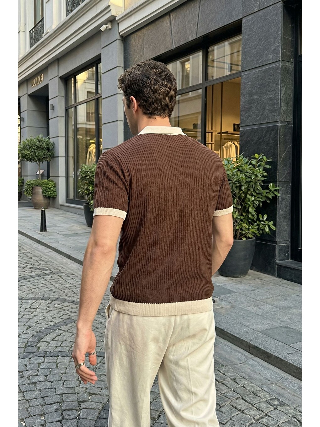 Kahverengi Köyten Regular Fit Erkek Kısa Kol Triko Polo Yaka Tişört Çizgili Dokulu-3