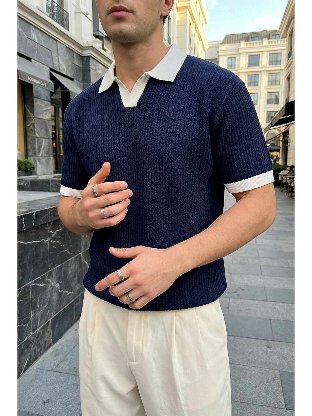 Lacivert Köyten Regular Fit Erkek Kısa Kol Triko Polo Yaka Tişört Çizgili Dokulu-3