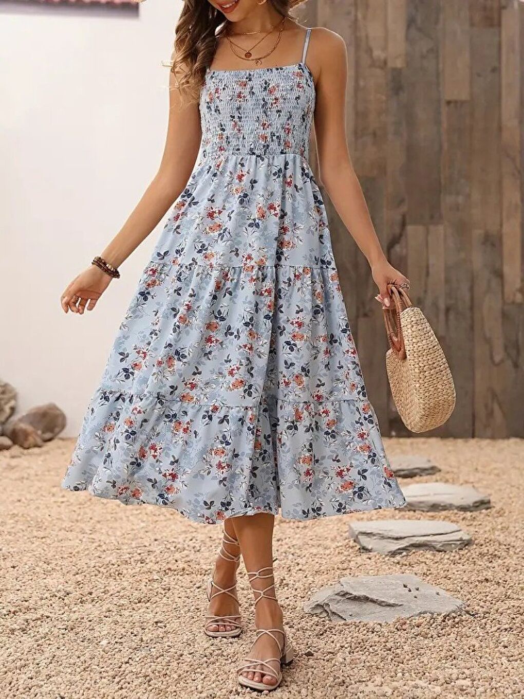 Mavi Kadın Ip Askılı Geniş V Yakalı Desenli Uzun Süprem Elbise-4