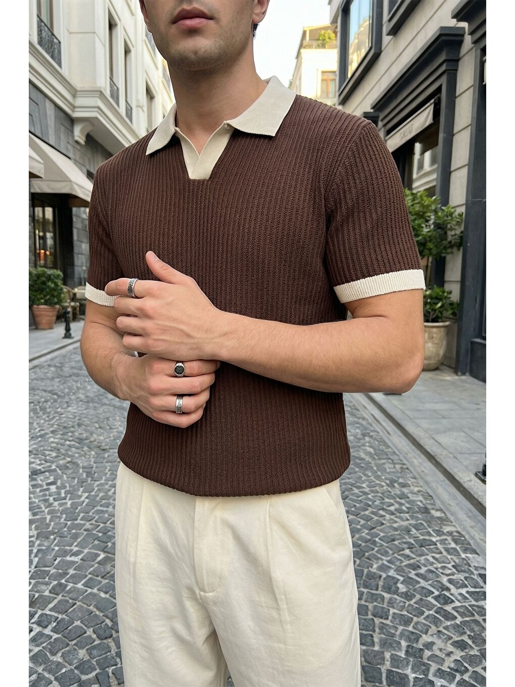Kahverengi Köyten Regular Fit Erkek Kısa Kol Triko Polo Yaka Tişört Çizgili Dokulu-4