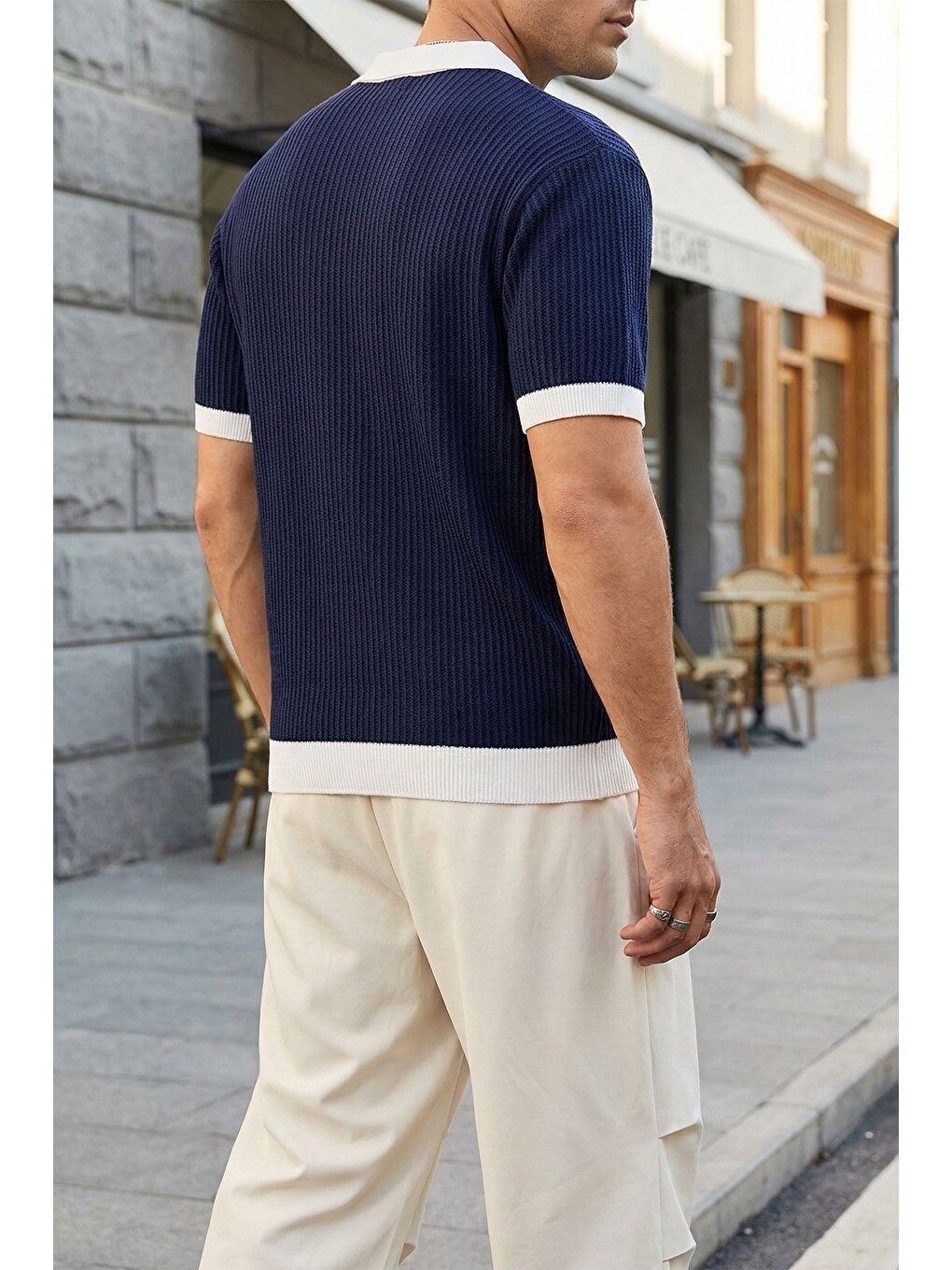 Lacivert Köyten Regular Fit Erkek Kısa Kol Triko Polo Yaka Tişört Çizgili Dokulu-4
