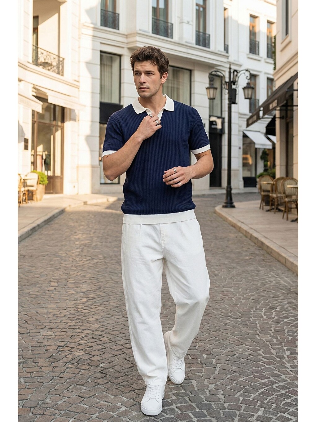 Lacivert Köyten Regular Fit Erkek Kısa Kol Triko Polo Yaka Tişört Çizgili Dokulu-5