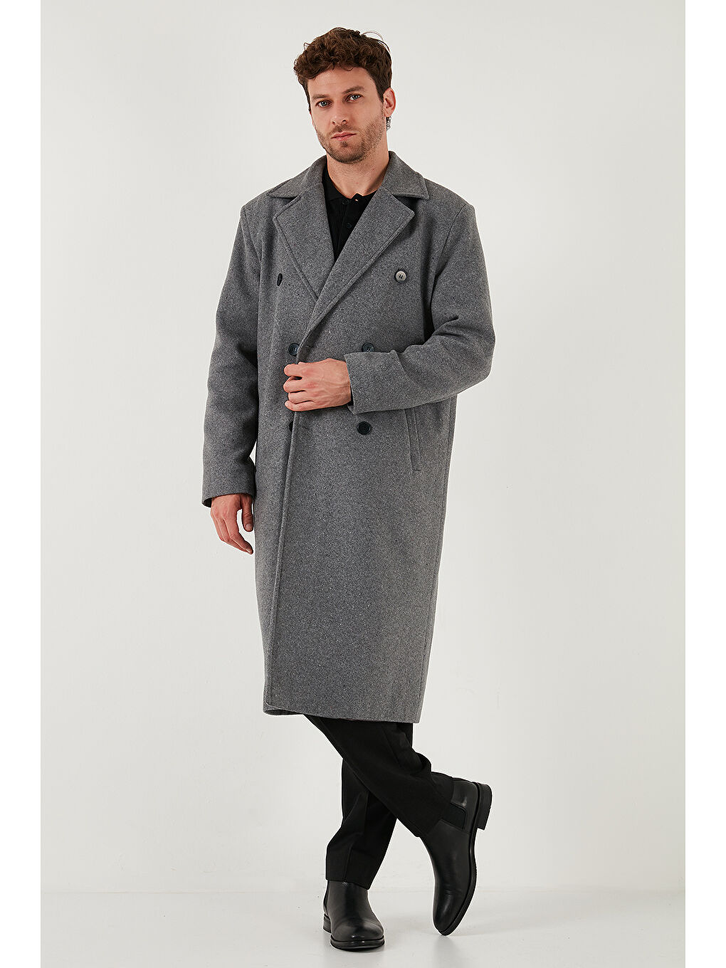 Gri Loose Fit Kruvaze Yaka Uzun Astarlı Kaşe Kaban 681003-3