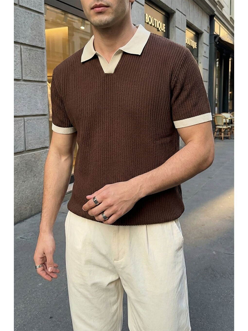 Kahverengi Köyten Regular Fit Erkek Kısa Kol Triko Polo Yaka Tişört Çizgili Dokulu-5