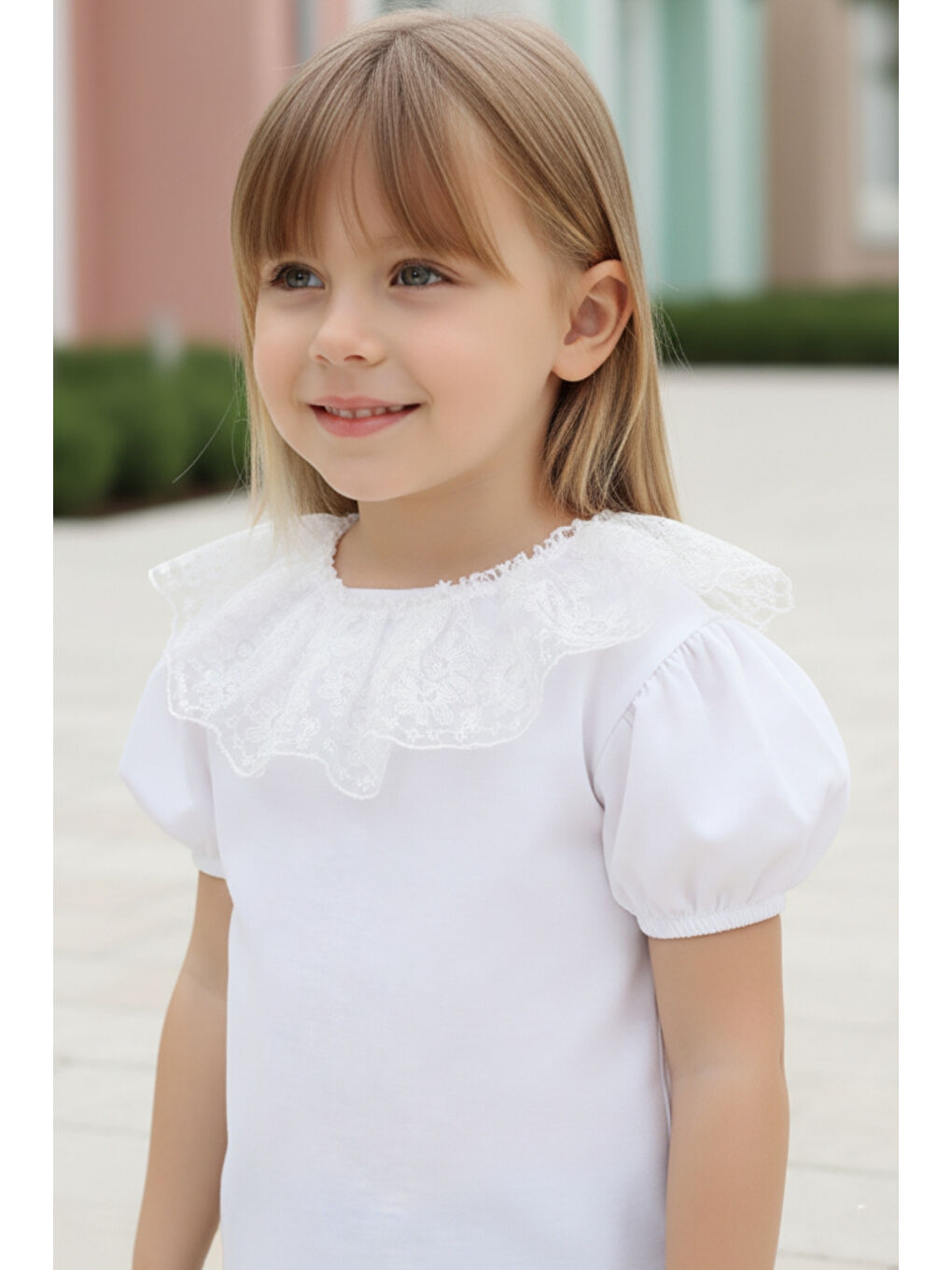 Beyaz Kız Çocuk Queen Bisiklet Yaka Ekru Dantel Detaylı Bluz Ispanyol Tayt 23 Nisan Takım-1