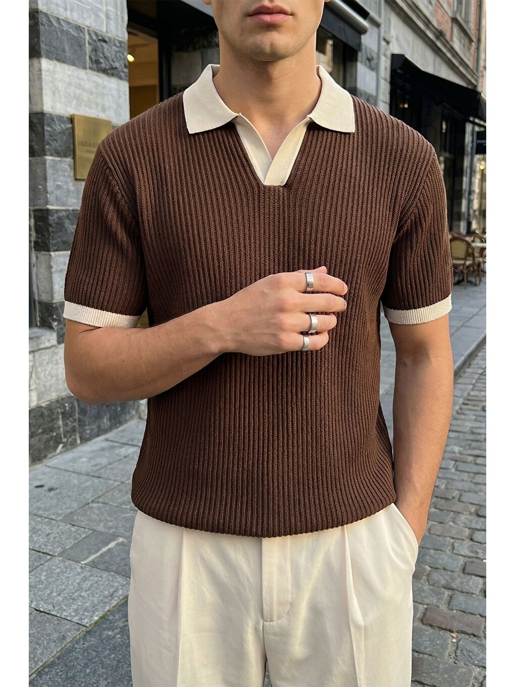 Kahverengi Köyten Regular Fit Erkek Kısa Kol Triko Polo Yaka Tişört Çizgili Dokulu-6