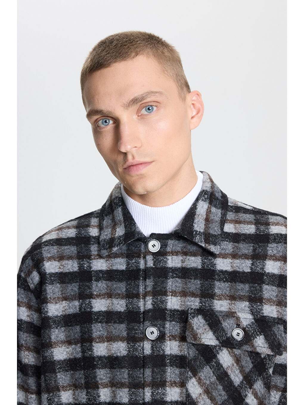 Erkek Siyah Comfort Fit Rahat Kesim Gömlek Yaka Desenli Ceket Gömlek-4