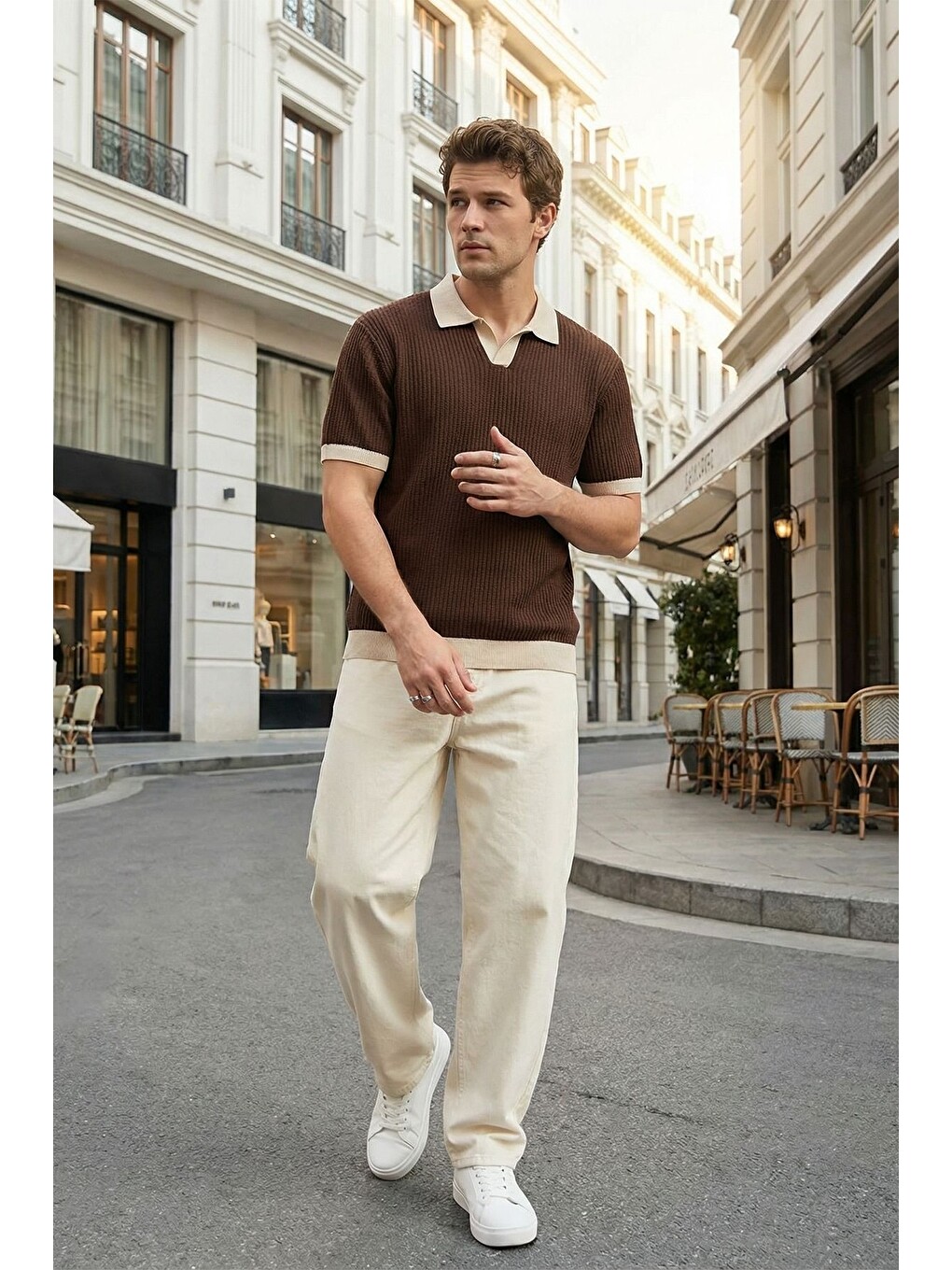 Kahverengi Köyten Regular Fit Erkek Kısa Kol Triko Polo Yaka Tişört Çizgili Dokulu-7