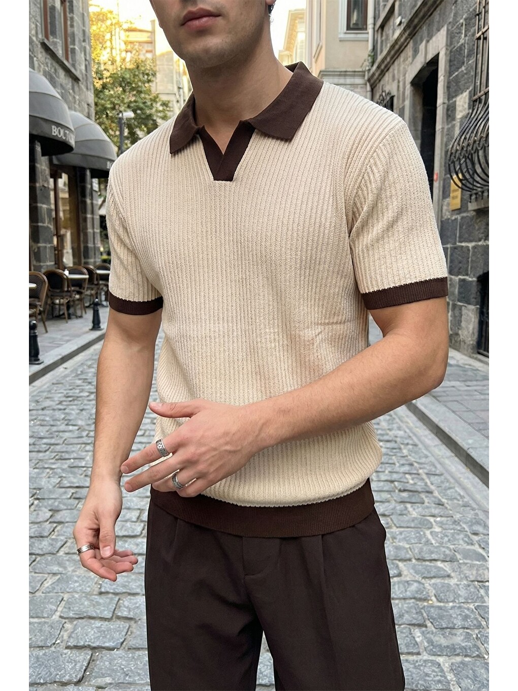 Bej Köyten Regular Fit Erkek Kısa Kol Triko Polo Yaka Tişört Çizgili Dokulu