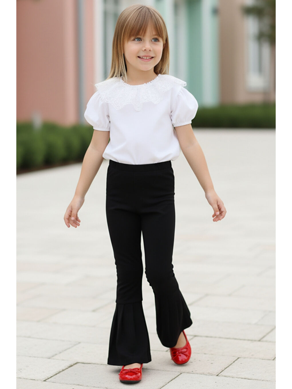 Beyaz Kız Çocuk Queen Bisiklet Yaka Ekru Dantel Detaylı Bluz Ispanyol Tayt 23 Nisan Takım-2