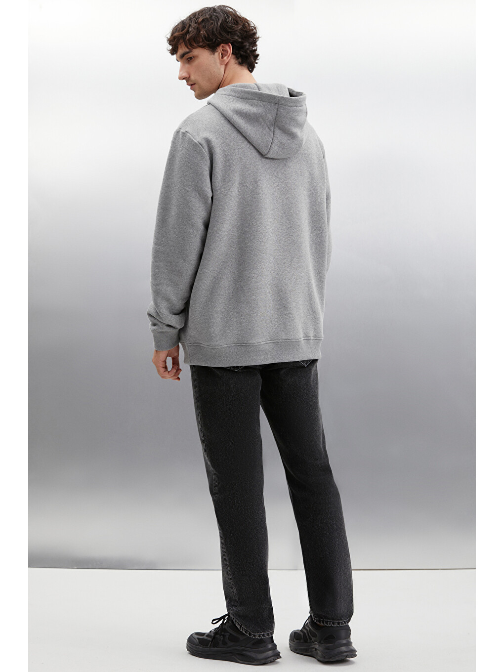 Draco Erkek Organik Kumaşlı İçi Polarlı Yumuşacık Kanguru Cepli Kapüşonlu Gri Melanj Sweatshirt-3