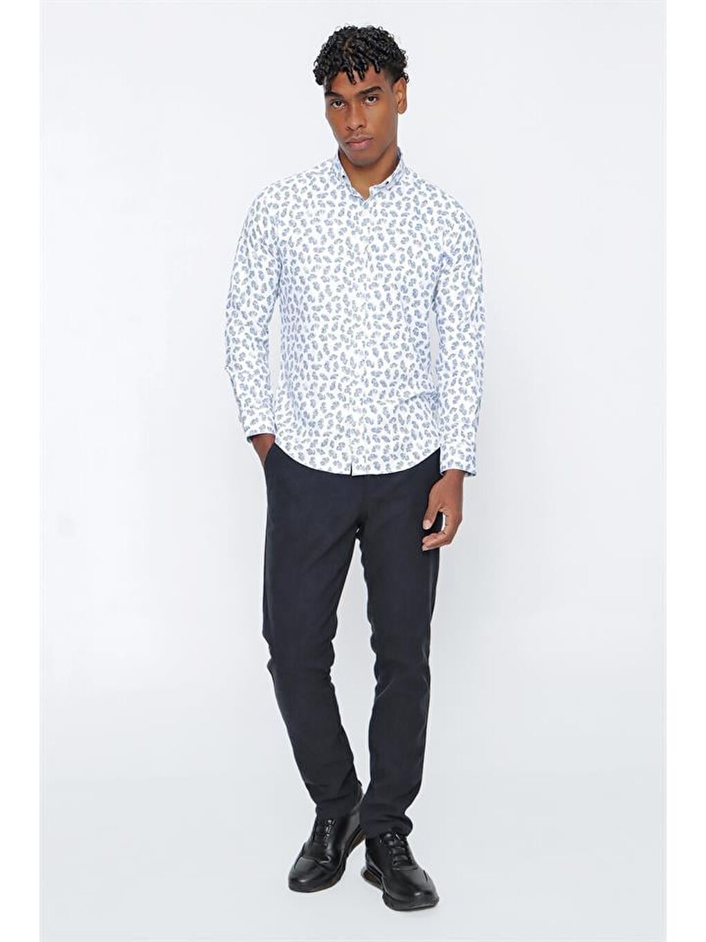 Mavi Uzun Kol Baskılı Oxford  Biyeli Pamuklu Slim Fit Dar Kesim Klasik Gömlek 1004225202-5