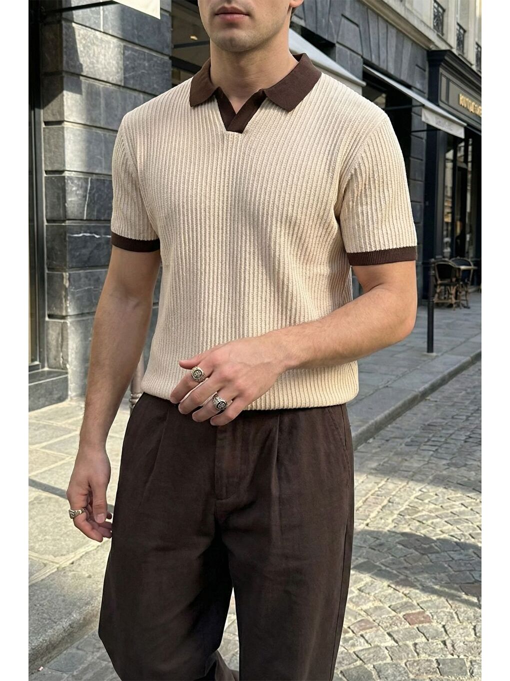 Bej Köyten Regular Fit Erkek Kısa Kol Triko Polo Yaka Tişört Çizgili Dokulu-2