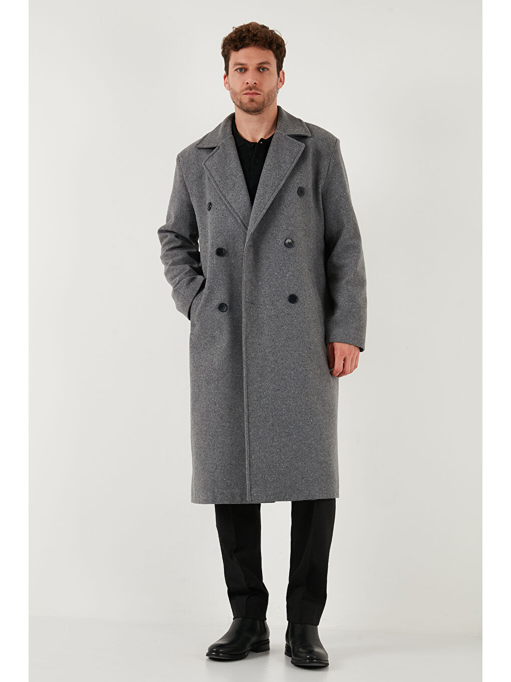 Gri Loose Fit Kruvaze Yaka Uzun Astarlı Kaşe Kaban 681003-4