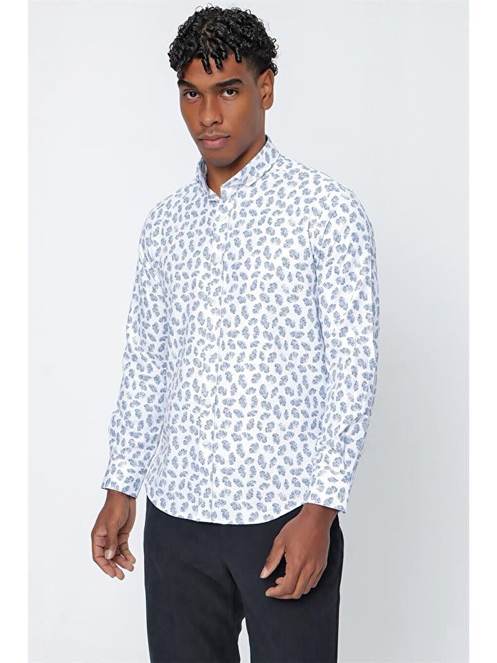 Mavi Uzun Kol Baskılı Oxford  Biyeli Pamuklu Slim Fit Dar Kesim Klasik Gömlek 1004225202-3